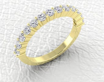 2.4mm 14K Yellow gold shared prong half eternity stackable Diamond band 13 stone wedding/anniversary ring