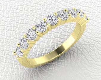 3mm 14K Yellow gold half eternity diamond band 9 stone shared prong stackable wedding anniversary ring