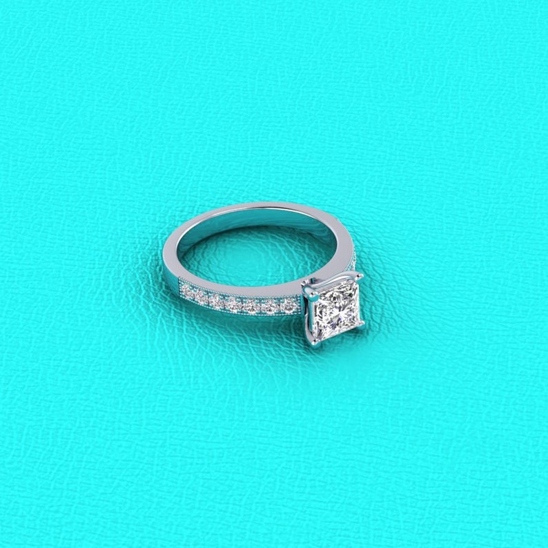 14K white gold pave' set engagement ring for 1-1.25 carat princess cut diamond image 3