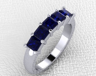 14K white gold 5 stone shared prong set Sapphire and Diamond ring 4.0mm