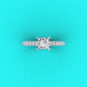 14K white gold pave' set engagement ring for 1-1.25 carat princess cut diamond image 2