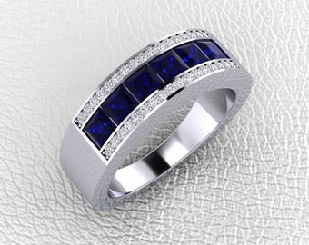 14K white gold 6mm Channel set wide half eternity Sapphire and Diamond ring right hand