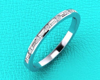 Platinum 2mm channel set baguette and round half eternity stackable wedding anniversary band
