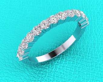 2.4mm 14K white gold shared prong half eternity stackable Diamond band 13 stone wedding/anniversary ring