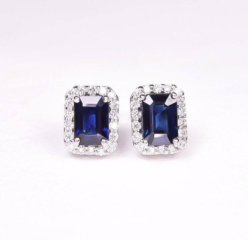 14K white gold Emerald cut Sapphire halo earrings | Etsy