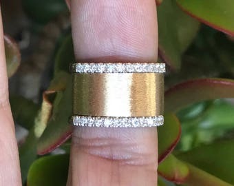 Two tone Wide cigar ring U pave set satin finish 14K white and 14K yellow gold half eternity diamond right hand ring 12mm width