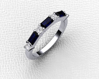 14K white gold 2.5mm shared prong Baguette Sapphire and round diamond 7 stone ring.