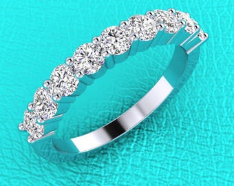 3mm 14K white gold half eternity diamond band 9 stone shared prong stackable wedding anniversary ring