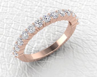2.4mm 14K Rose gold shared prong half eternity stackable Diamond band 13 stone wedding/anniversary ring