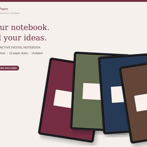 Puede incluir: Cuatro tabletas digitales que muestran portadas de cuadernos en color burdeos, verde oliva, azul marino y marrón. El texto dice: MoraPages, Your notebook. All your ideas. INTERACTIVE DIGITAL NOTEBOOK, 12 sections, 12 paper styles, Undated, 4 COLORS INCLUDED.