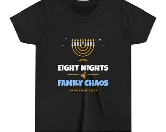Chanoeka-shirt voor kinderen, bijpassend Chanoeka-shirt voor het hele gezin, grappig T-shirt met menora voor kinderen, Acht nachten van familiechaos