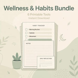 Könnte beinhalten: Ein Wellness & Habits Bundle mit 6 druckbaren Vorlagen. Das Dokument zeigt einen Habit Tracker mit Kontrollkästchen für Morning Routine, Hydrate und Movement, einen Notizbereich mit horizontalen Linien und eine Daily Reflection Karte.