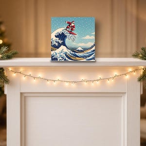 Paquete de 10 tarjetas navideñas de Papá Noel surfista, tarjeta navideña cuadrada estilo ola japonesa, tarjeta divertida de Papá Noel playero, interior en blanco con sobres.