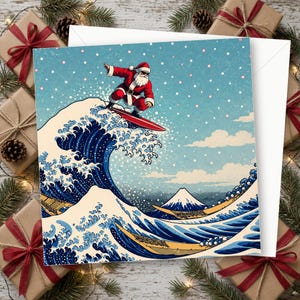 Pacote com 10 cartões de Natal com Papai Noel surfista, estilo onda japonesa quadrada, divertidos na praia, em branco por dentro e com envelopes.
