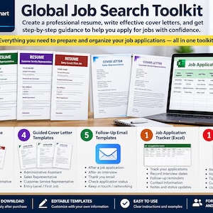 以下が含まれることがあります： Global Job Search Toolkitには、履歴書とカバーレターのテンプレート、Excelの応募管理表、PDFのクイックスタートガイドが含まれています。このデジタルセットは、色分けされた書類とステップバイステップの指示で構成されています。