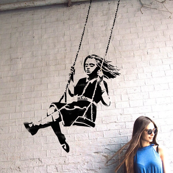 Banksy Girl On Swing Stencil, Pochoir de peinture, Pochoir de peinture murale intérieure et extérieure, Home Decor, Art, Réutilisable