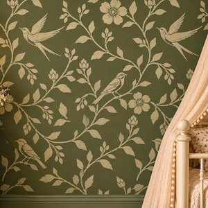 May include: A wall stencil featuring a repeating pattern of birds, flowers, and leafy vines in a light cream color against a dark olive green background. The design includes flying birds and perched birds amidst floral branches and foliage.