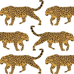 May include: A seamless pattern featuring six brown and black leopards with spotted fur. The leopards are walking in different directions, creating a dynamic and energetic design.