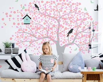 Nursery Blossom Tree Wall Stencil | Tree with birds Kids Nursery bedroom Mural | Paint feature wall or whole nursery | DIY Home Decor