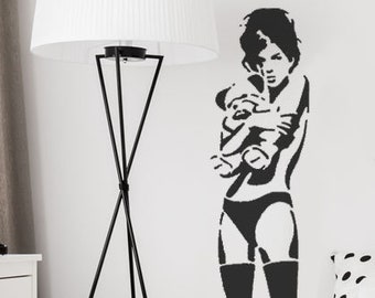 Banksy Girl Hugging Teddy Stencil: Life Size Mural, Interior/Exterior Wall Art