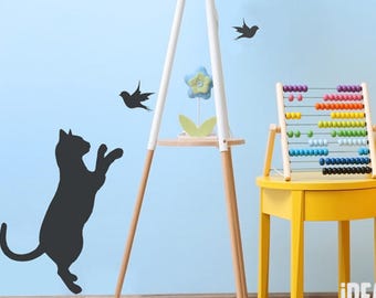 Cat & Birds Stencil, Home Decor Painting Stencil, Use on Interior, exterior walls, or no Fabrics and Furniture - Reusable - Ideal Stencils