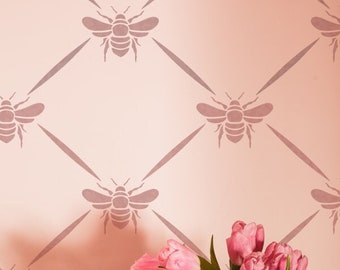 French Honeybee Trellis WALL STENCIL, Large Bee Pattern Painting Stencil, Nursery Decor,  Add a classic wallpaper effect to any wall space,