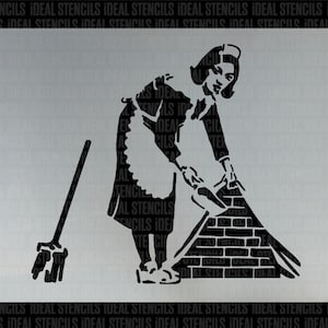 Banksy Sweeping Maid Stencil. Reusable Banksy Graffiti Art Replica Home Decor Stencils. Ideal for painting decorating walls and more.
