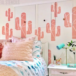 Geometric Cactus STENCIL, Home Decor Stencil, Tropical Decor, Paint Walls, Fabrics, Furniture, Art Craft, Reusable Mylar Ideal Stencils image 1