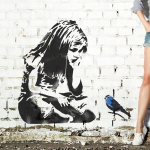 Banksy Girl Bluebird Stencil , Painting Stencil, Interior & Exterior Wall Painting Stencil, Home Decor, Art, Reusable image 1