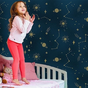 Stencil da parete per cameretta dei bambini con motivo a stelle ZODIAC, stencil per decorazioni per camerette dei bambini, spazio per dipingere, pianeti e motivi a stelle sulle pareti, stencil per pittura di grandi dimensioni