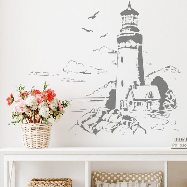 Lighthouse Coastal Scene with Cottage Stencil | Nautical Home Decor Painting Stencil | Paint Traditional Coastal Wall Art