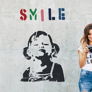 Banksy Girl SMILE Stencil ,  Graffiti Wall Art Painting Stencil,  Interior & Exterior Use Stencil, Home Decor, Art, Reusable