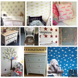 May include: A collection of stencils for decorating walls and furniture. The stencils feature various designs, including stars, dinosaurs, clouds, birds, and a tree. The stencils are made of durable material and are easy to use.