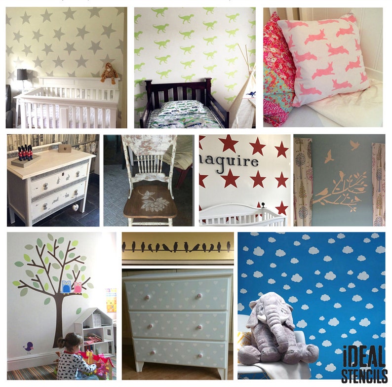 May include: A collection of stencils for decorating walls and furniture. The stencils feature various designs, including stars, dinosaurs, clouds, birds, and a tree. The stencils are made of durable material and are easy to use.