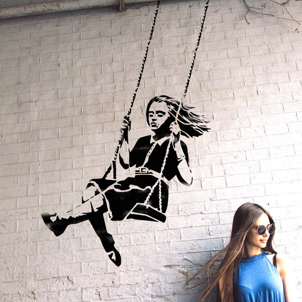 Wandtattoo Banksy Mädchen auf Schaukel, Streetart Girl Wandsticker Mädchen  schaukelt, Banksy Wall Art Graffiti von UrbanArtBerlin - .de