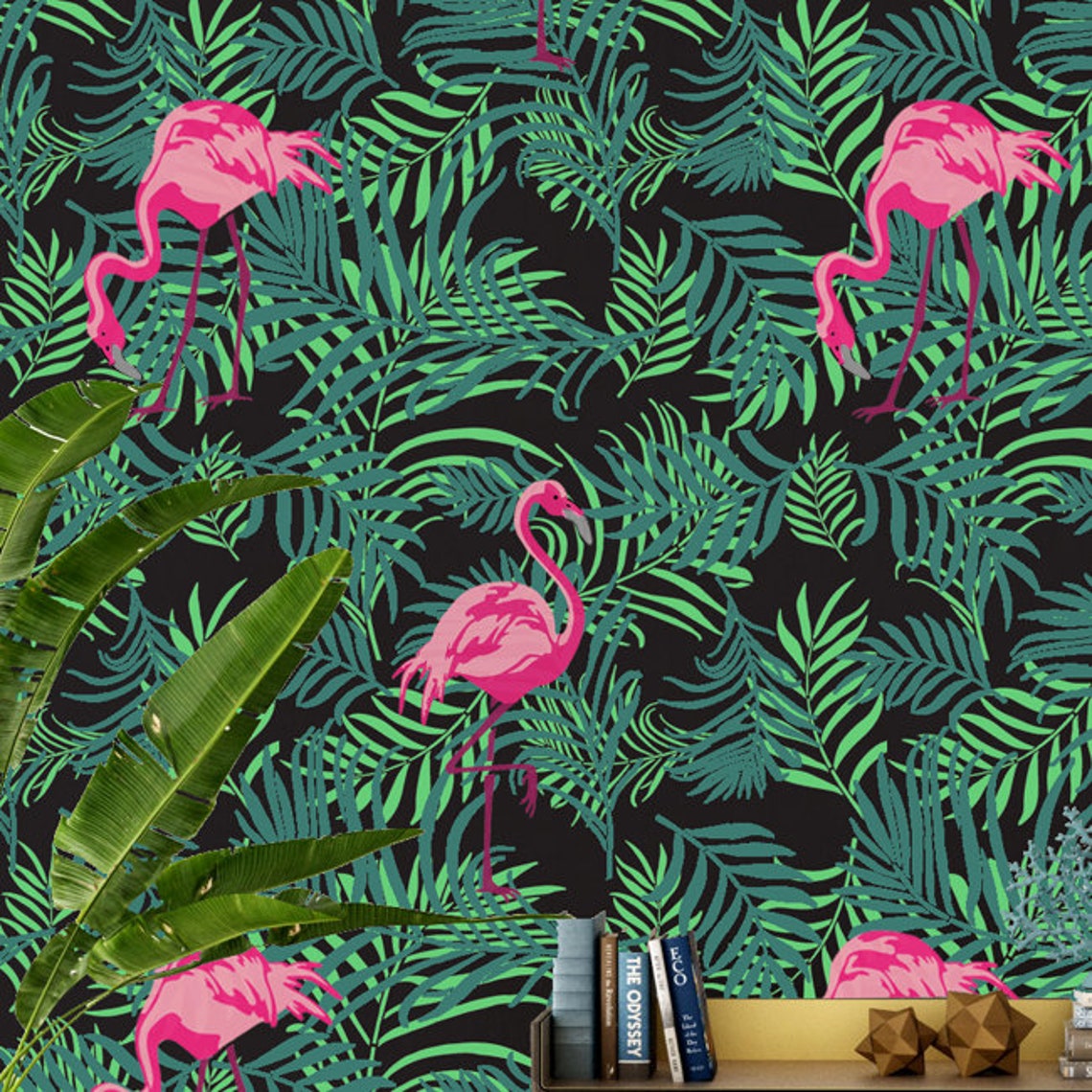 Tropical Wallpaper Pattern Stencil Flamingo and Ferns Etsy