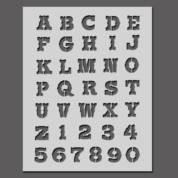 COWBOY WESTERN Alphabet Stencil - A-Z Letters & 0-9 Numbers - Pochoir de peinture - Art, Artisanat, Décor - Réutilisable