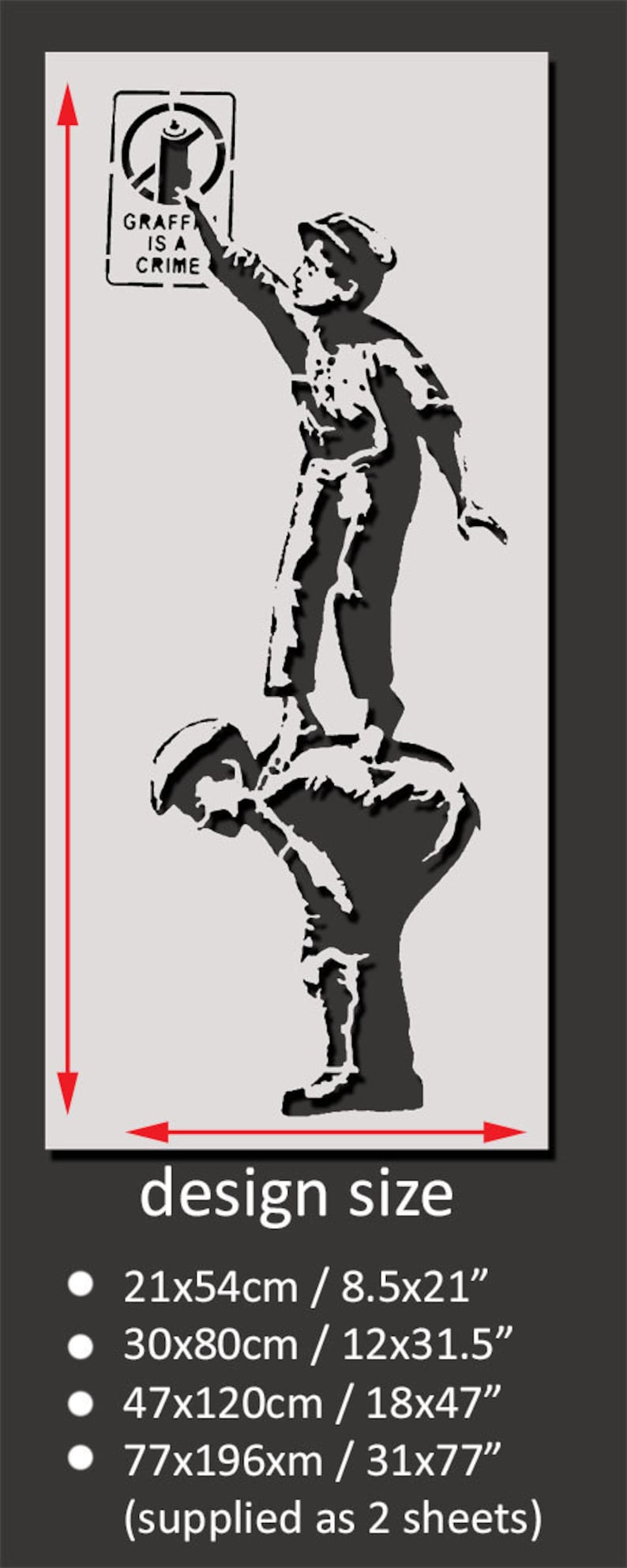 Puede incluir: Dise&ntilde;o de plantilla en blanco y negro de dos figuras, una de pie sobre los hombros de la otra, sosteniendo una lata de aerosol y un cartel que dice "Graffiti is a crime". La plantilla est&aacute; disponible en cuatro tama&ntilde;os: 21,6 x 53,3 cm, 30,5 x 80 cm, 45,7 x 119,4 cm y 78,7 x 195,6 cm.