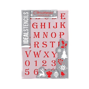 Plantilla del alfabeto de Navidad - Números de letras - Pintura Personalizar cajas de Navidad, sacos y otros proyectos - Plantilla de artesanía festiva reutilizable lavable