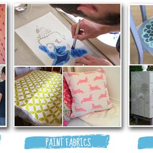 May include: A collage of images showing how to use stencils to paint walls, fabrics, and furniture. The images show people using stencils to create patterns on walls, pillows, and a dresser.