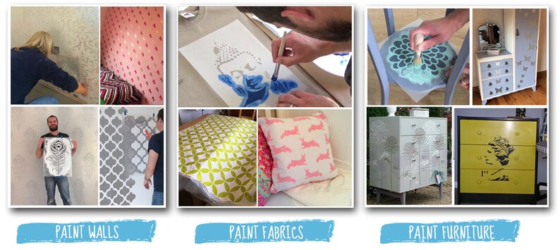 May include: A collage of images showing how to use stencils to paint walls, fabrics, and furniture. The images show people using stencils to create patterns on walls, pillows, and a dresser.