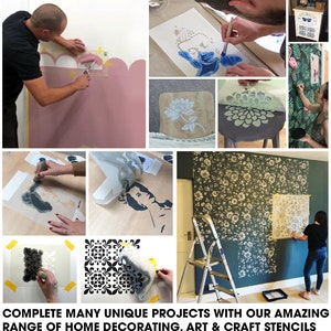 May include: A collage of images showcasing various stencil projects. Included are stenciled walls, furniture, and artwork. The text at the bottom reads: COMPLETE MANY UNIQUE PROJECTS WITH OUR AMAZING RANGE OF HOME DECORATING, ART & CRAFT STENCILS.