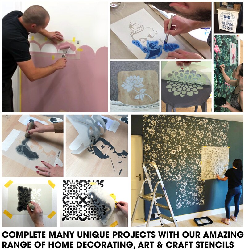 May include: A collage of images showcasing various stencil projects. Included are stenciled walls, furniture, and artwork. The text at the bottom reads: COMPLETE MANY UNIQUE PROJECTS WITH OUR AMAZING RANGE OF HOME DECORATING, ART & CRAFT STENCILS.