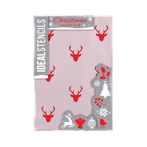 Stag Head 8 Repeat Pattern Stencil, Christmas time Festive Decor Stencil, Reusable Painting Stencil for Boxes, Bags, Signs, Cards