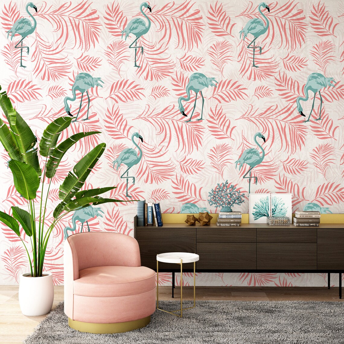 Tropical Wallpaper Pattern Stencil Flamingo and Ferns | Etsy