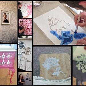 May include: A collage of images showcasing various stenciling projects. The images depict people using stencils to create decorative patterns on walls, furniture, and other surfaces. The stencils feature a variety of designs, including floral motifs, geometric shapes, and abstract patterns. The images highlight the versatility and creativity of stenciling as a decorative technique.