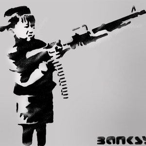 BANKSY STENCIL Boy Firing Rifle. Paint Banksy designs onto Walls, Fabrics & Furniture, Home Decor Craft Art - Reusable