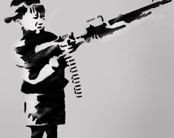 BANKSY STENCIL Boy Firing Rifle. Paint Banksy designs onto Walls, Fabrics & Furniture, Home Decor Craft Art - Reusable