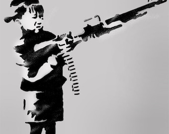 BANKSY STENCIL Boy Firing Rifle. Paint Banksy designs onto Walls, Fabrics & Furniture, Home Decor Craft Art - Reusable