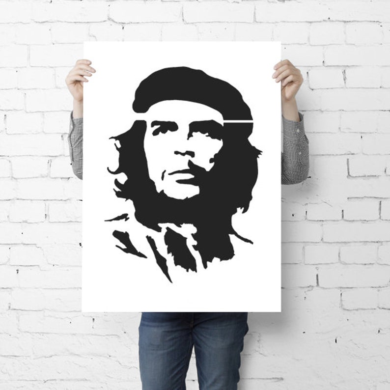 May include: Black and white silhouette of a man with a beard and a beret. The image is a stencil-style portrait.